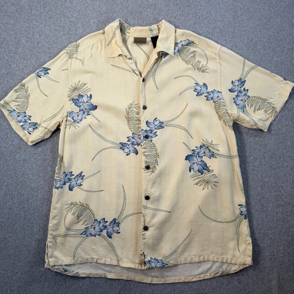 AXIST Men's M 100% Silk Hawaiian Shirt Blue Floral Leaf Print Casual Button Down